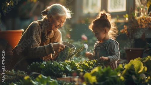 Wallpaper Mural a happy old grandmother and granddaughter watering a small urban garden with lettuce and other vegetables with a watering can on a spring morning.generative ai Torontodigital.ca