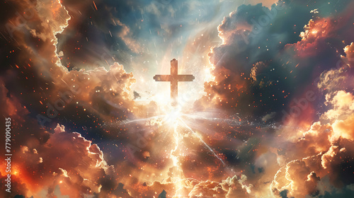 Shining cross emitting divine golden light in the sky with menacing clouds, mystical atmosphere. Concept of Faith and Spirituality, Easter, Exaltation, religious holidays. Horizontal frame