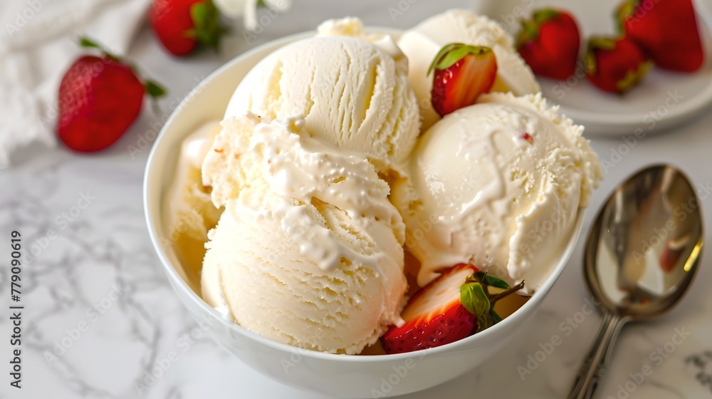Delicious vanilla ice cream served with fresh strawberries. Perfect dessert for summer days. Ideal for recipe blogs and menus. AI Delicious vanilla ice cream served with fresh strawberries. Perfect dessert for summer days. Ideal for recipe blogs and menus. AI