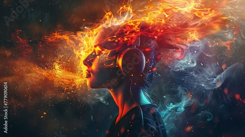 Person in headphones, lost in music, engulfed by a vibrant fiery creative explosion.