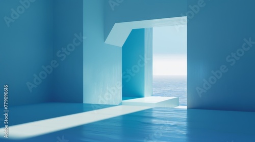 3d minimal blue room with sunlight from the window