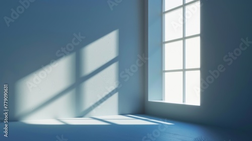 3d minimal blue room with sunlight from the window