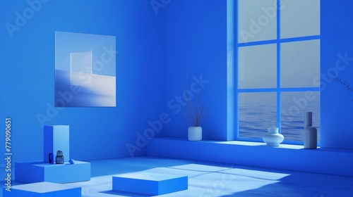 3d minimal blue room with sunlight from the window