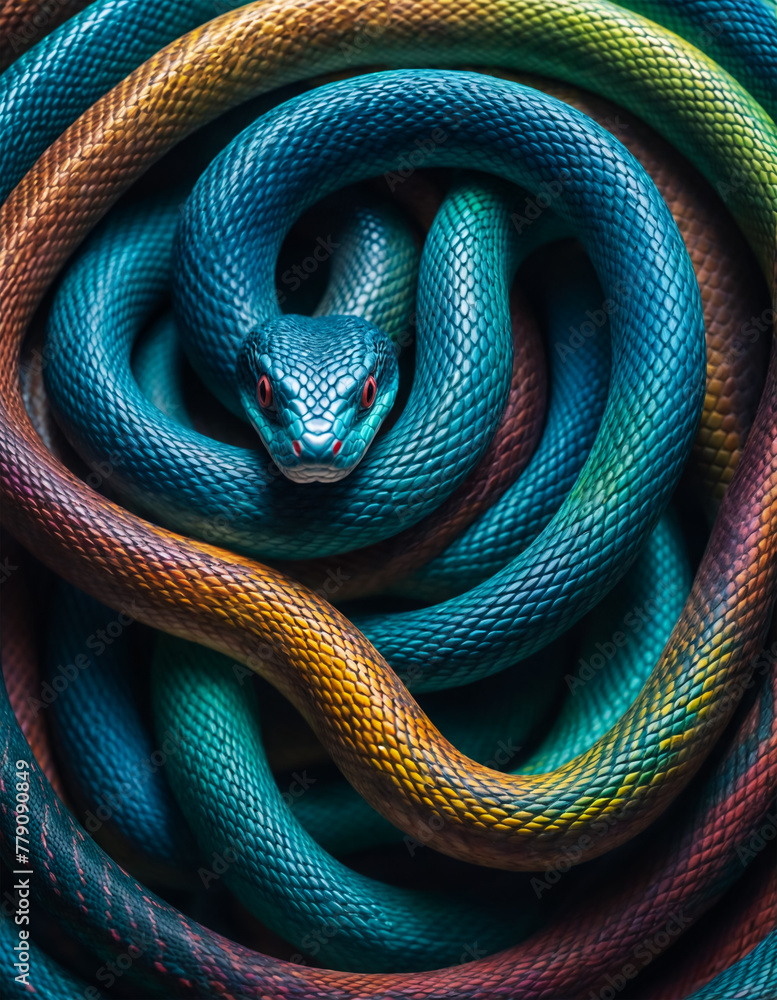 Fototapeta premium multicolored snakes coiled up in a spiral. Colorful snake background, wallpaper, backdrop, poster.