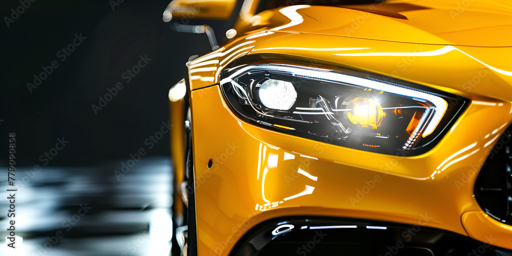 close view of modern luxury yellow car headlights front view
