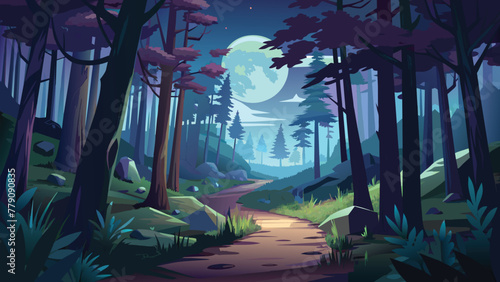 a painting of a path through a dark forest with a full moon in the sky above the trees and on the ground  for kids background,vector illustration . GENERATIVE AI