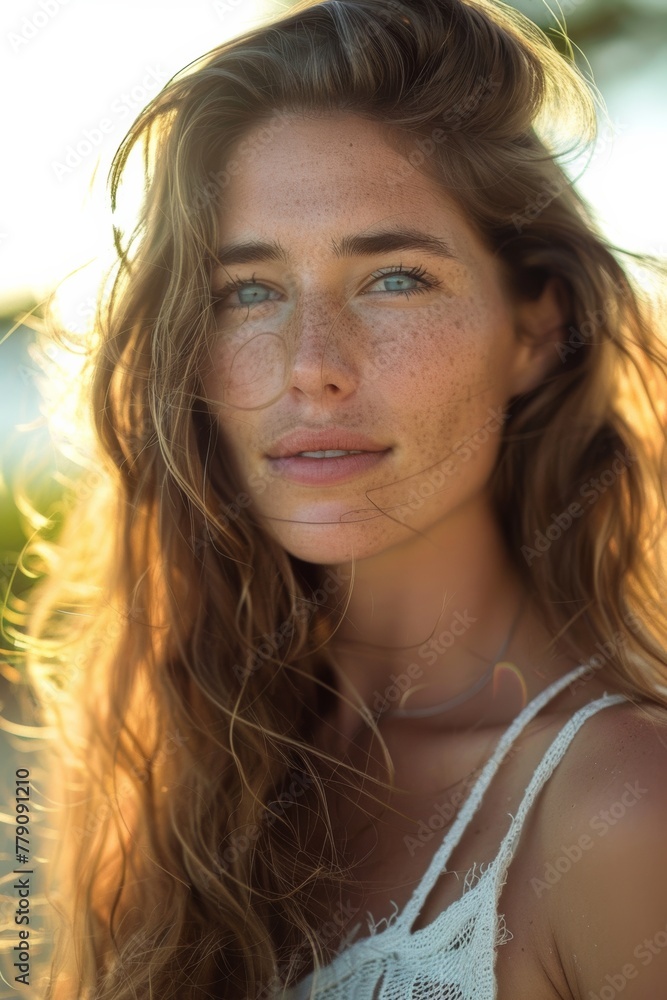 A radiant woman with long, sun-kissed brown hair 