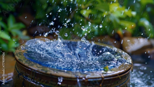 A rain barrel catching water falling from the sky  with raindrops splashing in the air and atop the drum