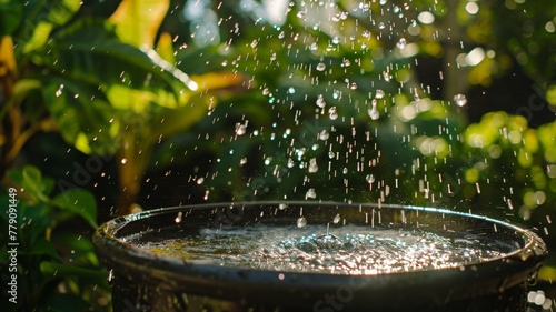 A rain barrel catching water falling from the sky, with raindrops splashing in the air and atop the drum.