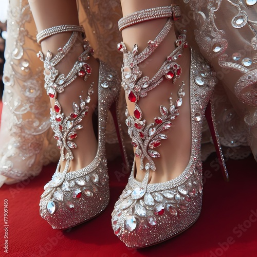 Wedding shoes with rhinestones on the feet of the bride generated by ai