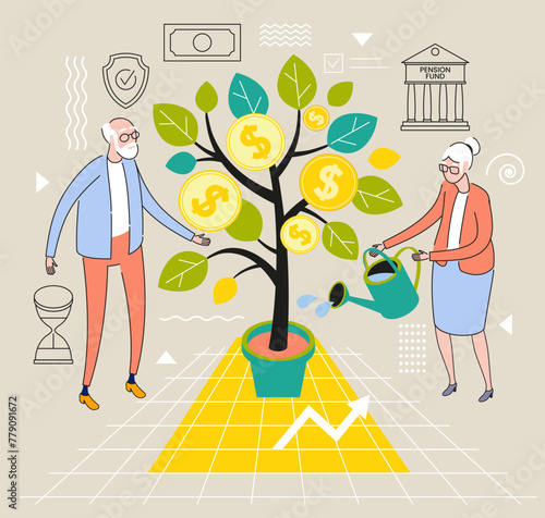 People characters investing money in pension fund. Retirement fund. Seniors saving money for retirement.