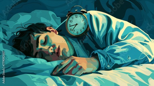 Artistic representation of a man sleeping soundly with a large wall clock indicating night time, signifying rest photo