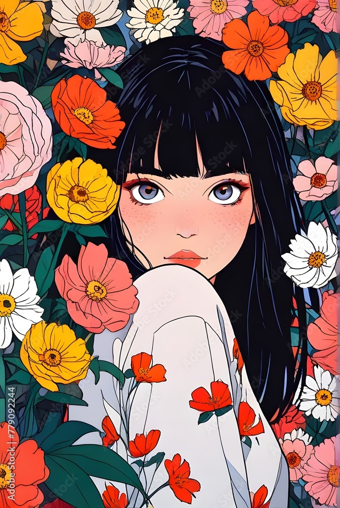 Illustration of a young woman hiding behind bright flowers and looking at the camera. Generative AI Illustration of a young woman hiding behind bright flowers and looking at the camera. Generative AI