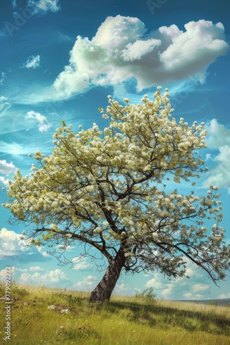 A tree that grows in nature Full of white flowers and green leaves. 