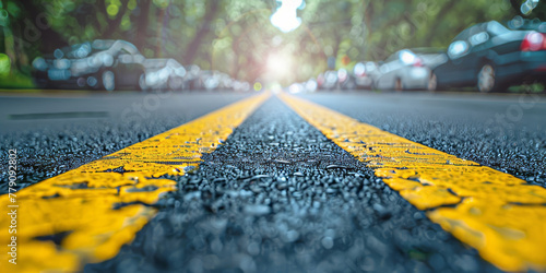 Double yellow lines on asphalt road closeup. Urban traffic marking separating different direction lanes. Color parallel lines on textured route surface. photo