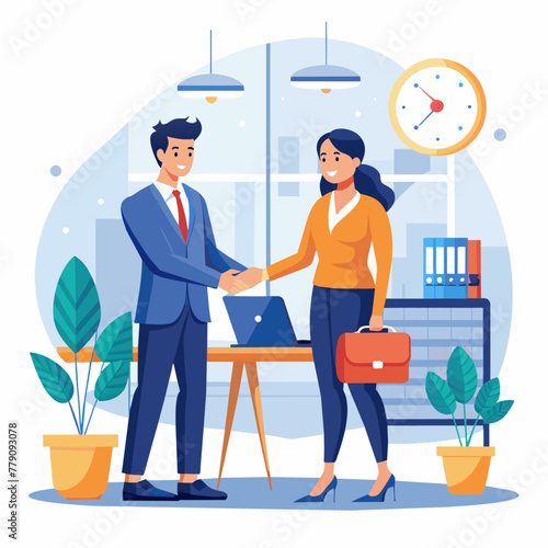 Businesswoman and businessman handshake - Two business people shaking hands in office. Deal, partnership, equality and agreement concept. Vector illustration on white background.