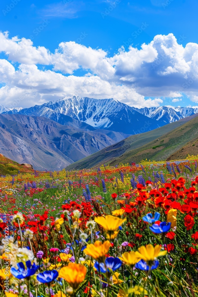 Bright colors, nature, vast grasslands, colorful flower seas, red, yellow, blue, 