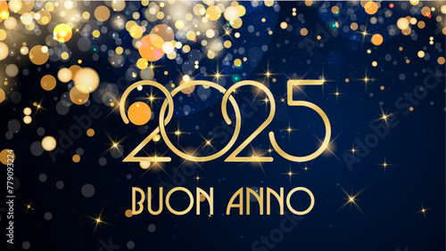 biglietto o banner per augurare un felice anno nuovo 2025 in oro con cerchi color oro e glitter con effetto bokeh su sfondo blu photo