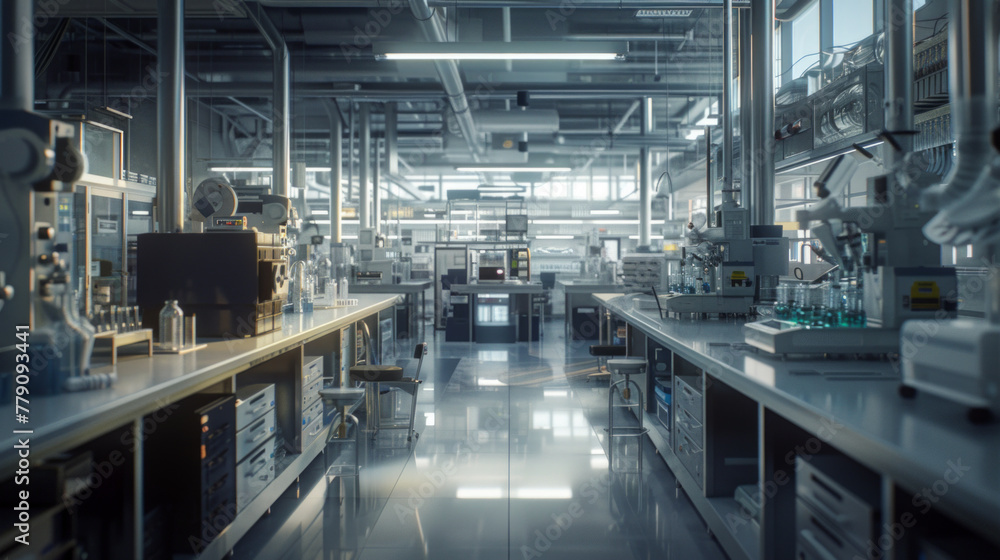 Naklejka premium A state-of-the-art pharmaceutical formulation development laboratory with formulation scientists' workstations and tablet compression machines