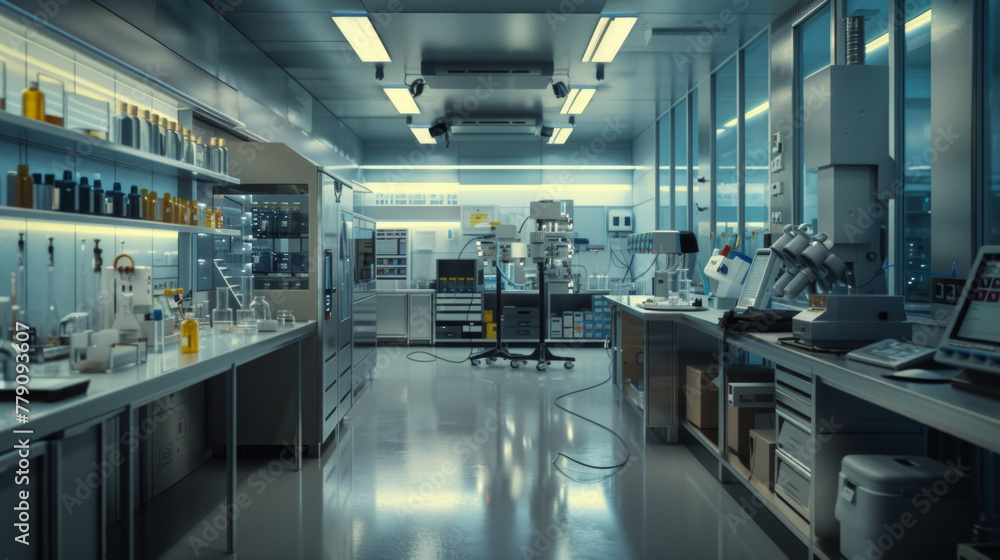Fototapeta premium A state-of-the-art pharmaceutical formulation development laboratory with formulation scientists' workstations and tablet compression machines