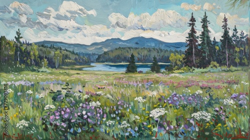 canadian landscape with a wide meadow and white and purple flowers, 