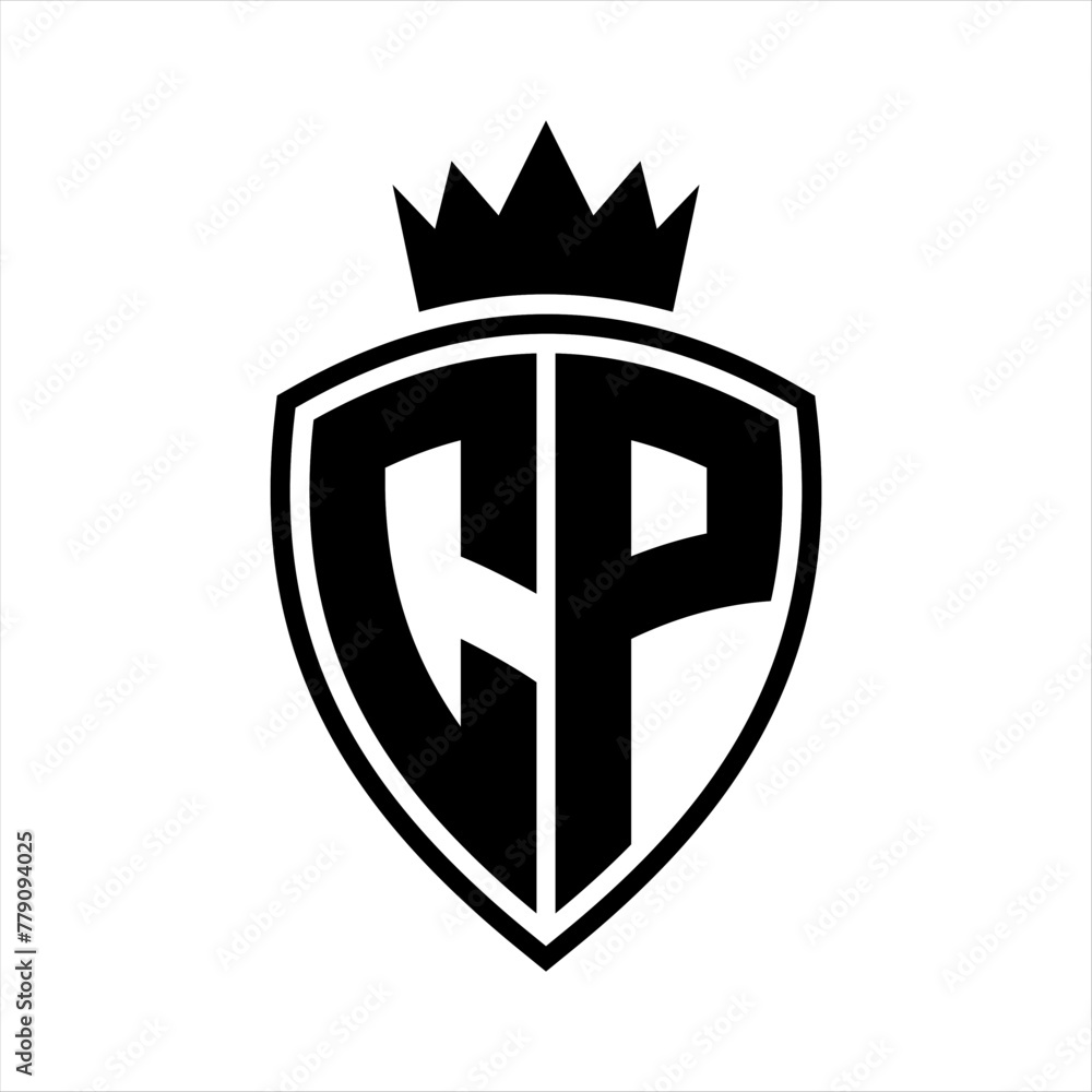 CP Letter monogram shield and crown outline shape with black and white color design CP Letter monogram shield and crown outline shape with black and white color design