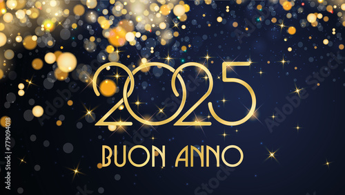 biglietto o banner per augurare un felice anno nuovo 2025 in oro con cerchi color oro e glitter con effetto bokeh su sfondo blu