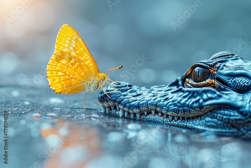 Young alligator in aquatic vegetation and butterfly
Concept: conservation of species and ecology, biodiversity and relationships in ecosystems, environmental projects and initiatives. photo