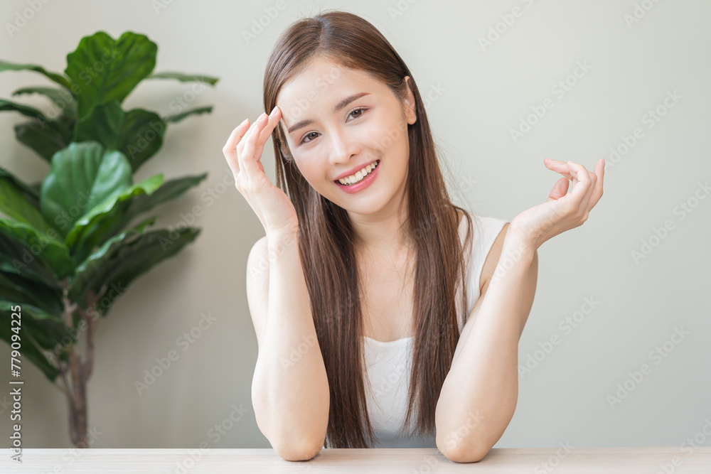 Smile positive, attractive confident asian young woman, girl wearing casual, portrait of female beautiful brunette hair, feeling happy comfortable looking at camera, copy space, isolated on background