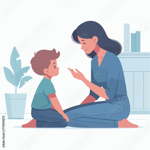 Mom giving instruction to her son in a flat design illustration