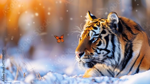 A tiger and a butterfly landing on its face  against a background of blurry greenery. Concept  protection and conservation of wild cats  interaction between different species.