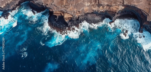 Drone view of Tenerife south coast with Atlantic ocean created with Generative AI technology photo