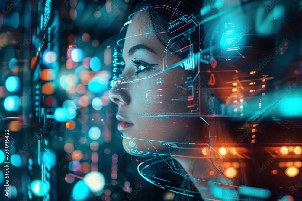 Womans Face With Futuristic Interface Background Womans Face With Futuristic Interface Background