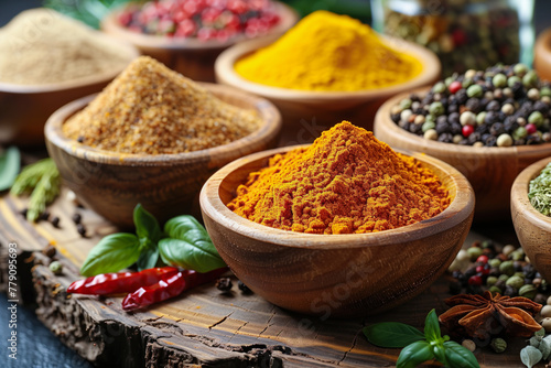 Vibrant array of ground spices in bowls