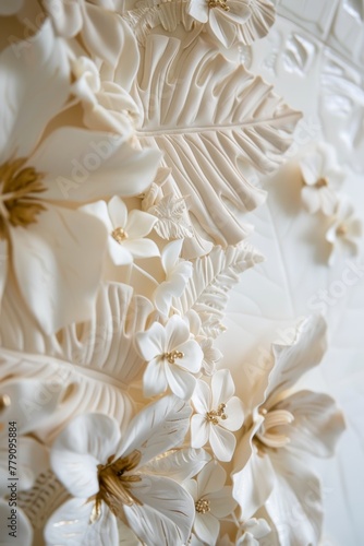 pure white tropical jungle embossed, floral, small gold accents and details 