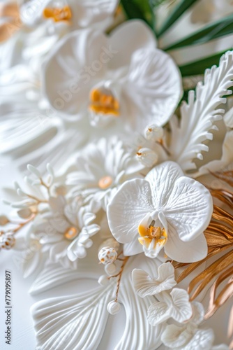 pure white tropical jungle embossed, floral, small gold accents and details