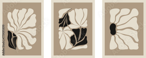 Abstract flower posters set in trendy Matisse style. Trendy botanical wall art. Naive groovy interior decoration. Vector illustration	