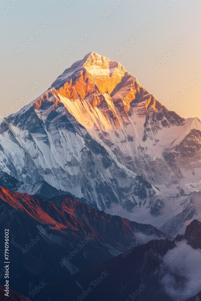 Realistic photography of snowcapped mountains, golden light shining on the top peak, 