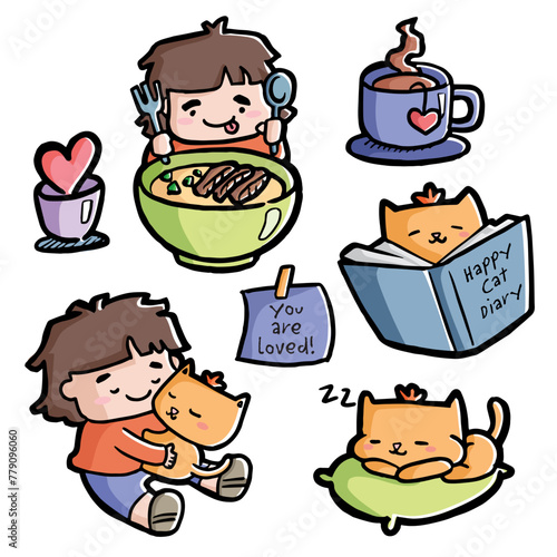 Lifestyle and mindfulness illustration. Pet cat and owner together time. Flat graphic vector illustrations isolated on white background.