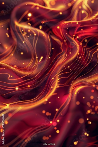 Red background, gold swirls and particles, abstract fluid shapes, gradient effect,