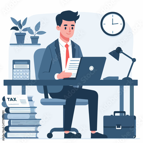business man doing tax with laptop in a flat design illustration