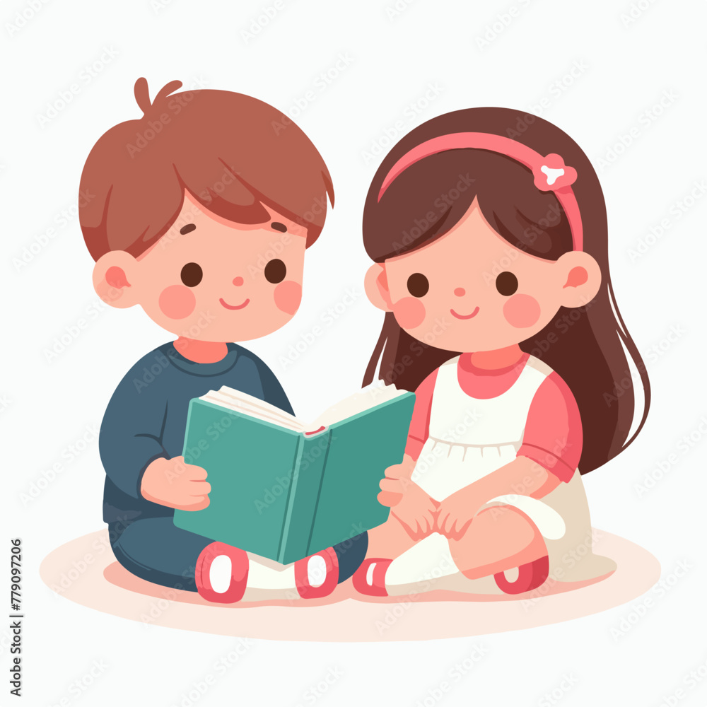 boy and girl reading a book together in a flat design illustration boy and girl reading a book together in a flat design illustration