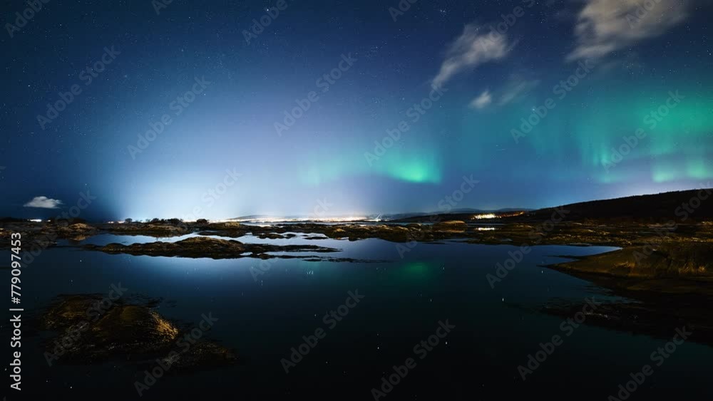 A night view towards the city of Bodø from the Godøynes passage. A distant aurora is dancing vividly, mirroring in a completely silent fjord. A night view towards the city of Bodø from the Godøynes passage. A distant aurora is dancing vividly, mirroring in a completely silent fjord.
