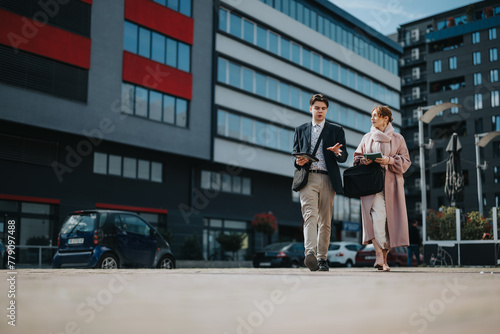 Motivated young entrepreneurs or colleagues collaborating and strategizing for business growth while walking in an urban city area. photo