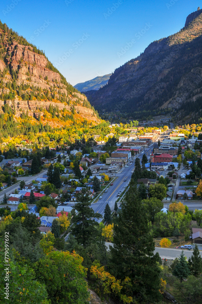 Early morning view of Ouray village surrounded by the rugged and rocky San Juan Mountains, southwest Colorado, USA.