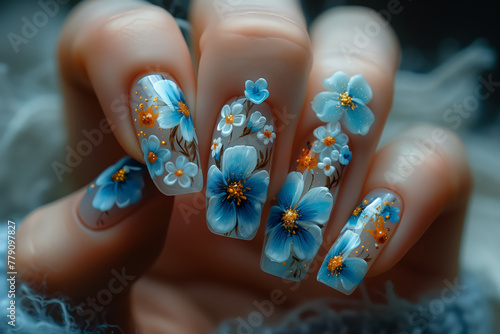 Female nails with figures of petal blue color closeup and flowers. Nail art