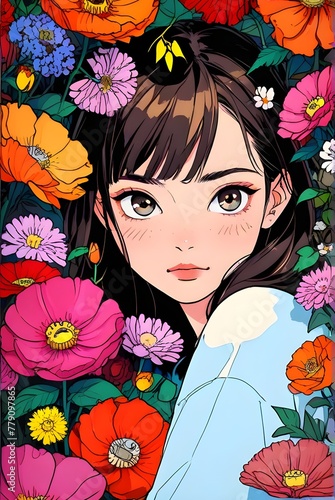 Illustration of a young woman hiding behind bright flowers and looking at the camera. Generative AI