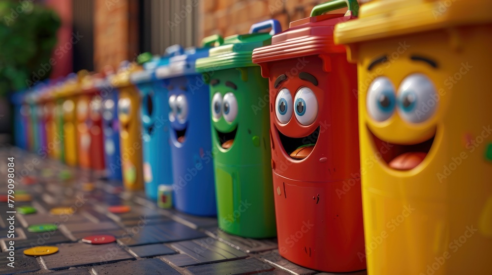 Recycling bins in animated 3D cartoon form, promoting eco-friendly habits in a fun way Recycling bins in animated 3D cartoon form, promoting eco-friendly habits in a fun way