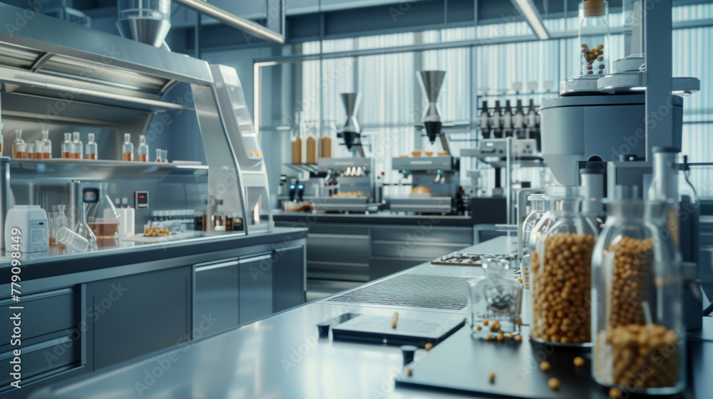 A modern food chemistry testing laboratory with analytical instruments and testing equipment, momentarily still but ready to analyze the chemical composition of food samples A modern food chemistry testing laboratory with analytical instruments and testing equipment, momentarily still but ready to analyze the chemical composition of food samples