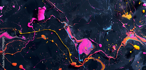 An abstract marble texture where splashes of neon colors seem to dance on a dark, midnight background, suggesting the unpredictable beauty of ink in water. 32k, full ultra HD, high resolution photo